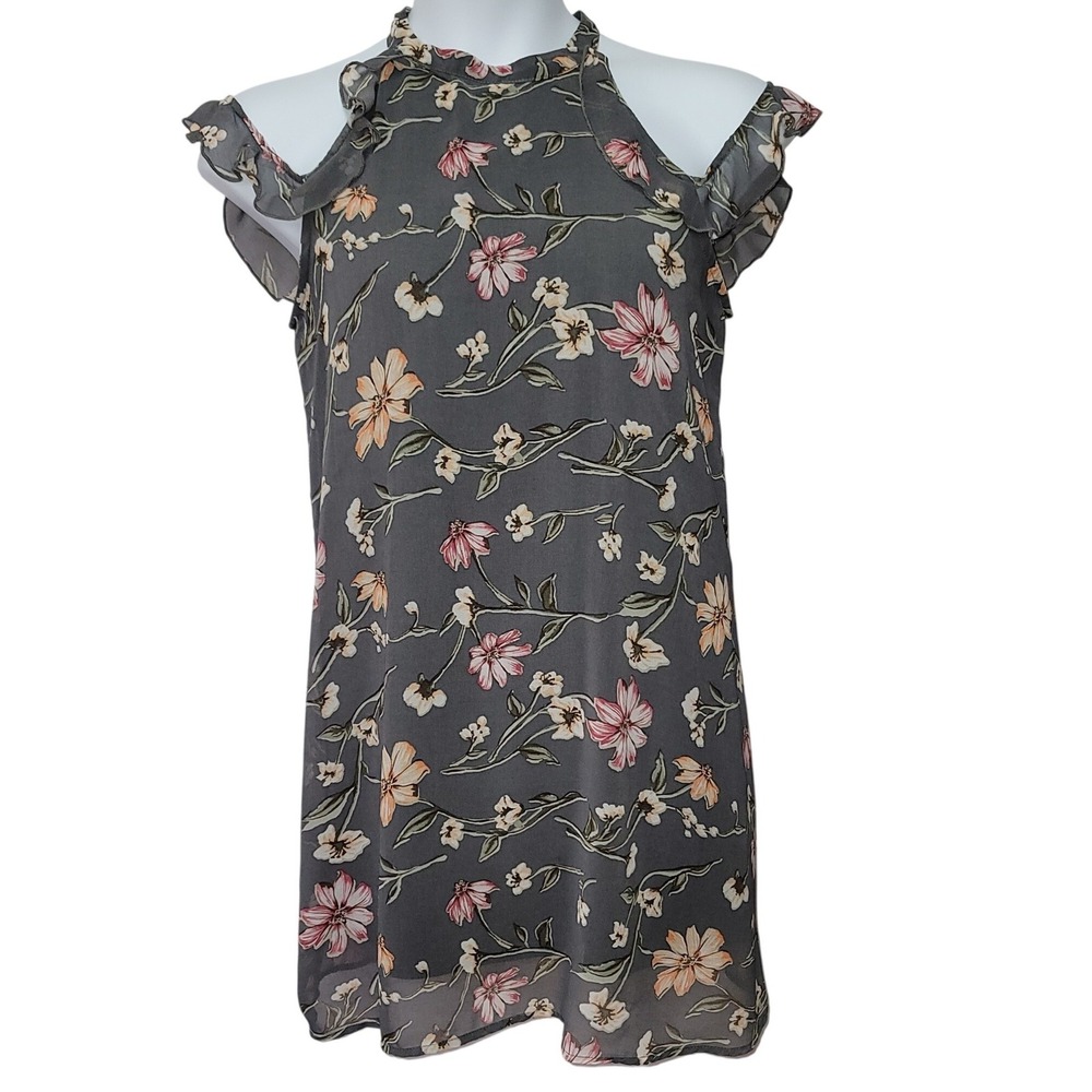Floral Cold Shoulder Ruffle Halter Neck Shift Dress Grey Sz M Boho Office Summer